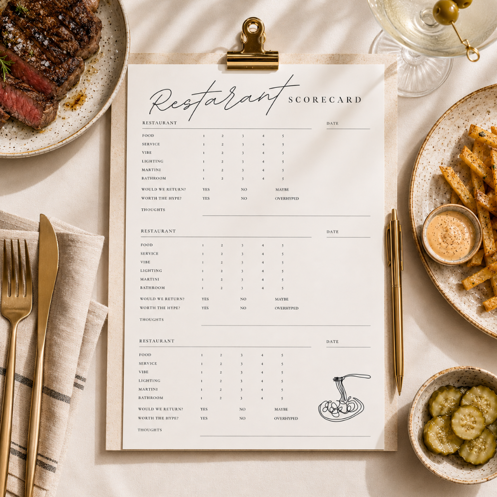 Restaurant Scorecard Printable – Fine Dining Review Tracker (Digital Download PDF)