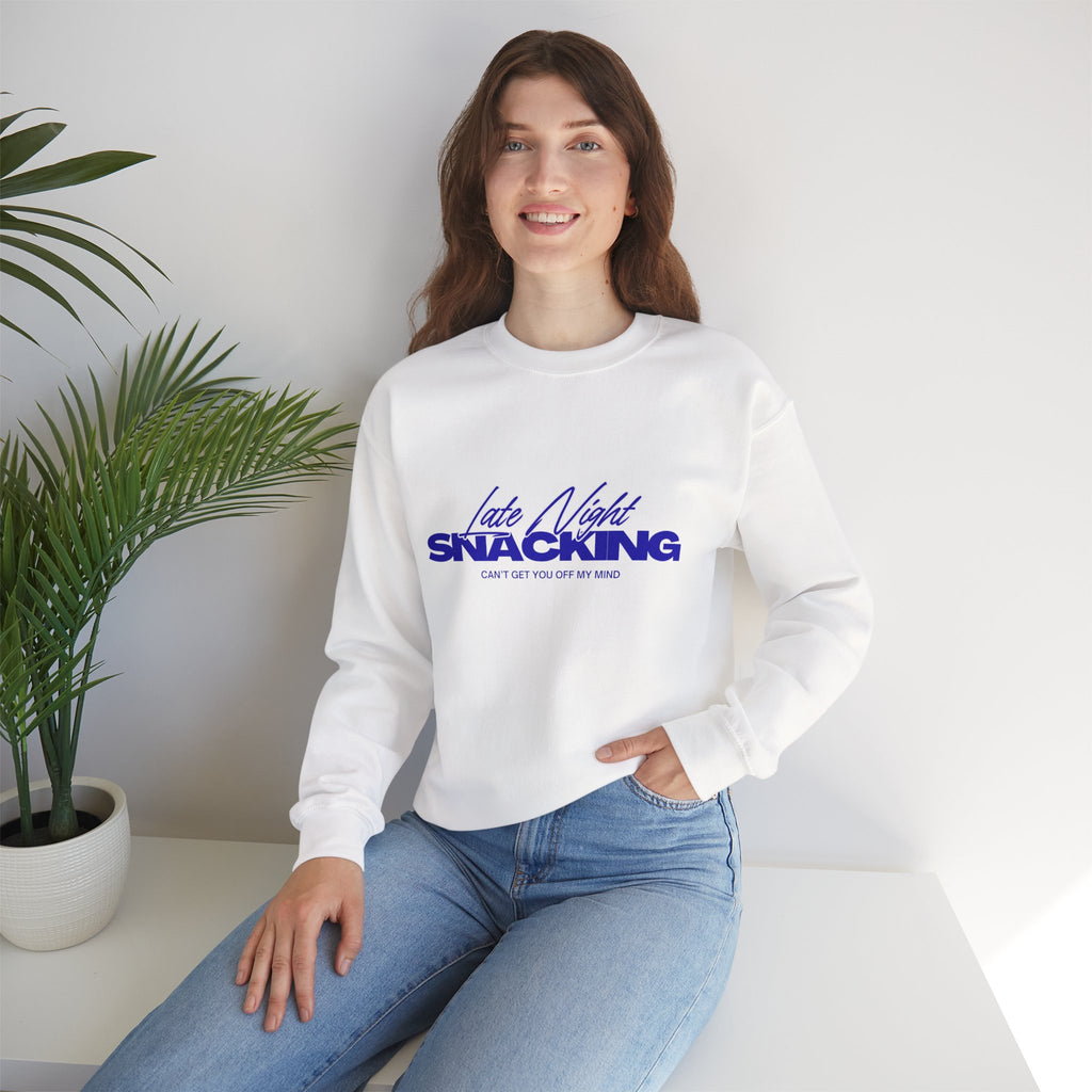 Late Night Snacking Retro Script Neon Blue Sweatshirt | Music Lyrics Snacks