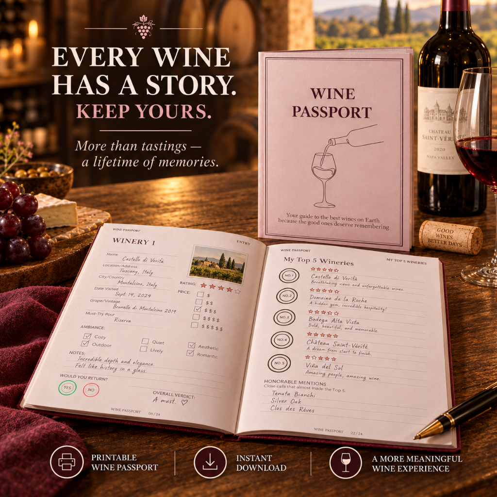 Wine Passport Tasting Journal, Winery Visit Tracker, Gift for Wine Lover (Digital Download)