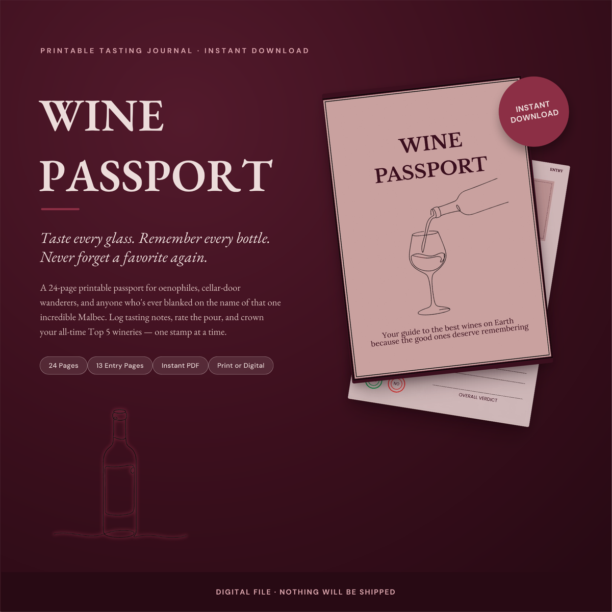 Wine Passport Tasting Journal, Winery Visit Tracker, Gift for Wine Lover (Digital Download)