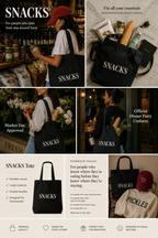 SNACKS Tote Bag - Black Cotton Grocery Market Tote