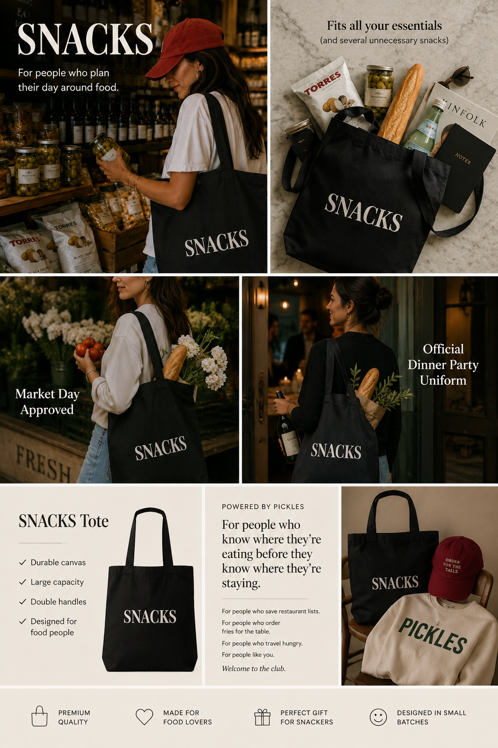 SNACKS Tote Bag - Black Cotton Grocery Market Tote