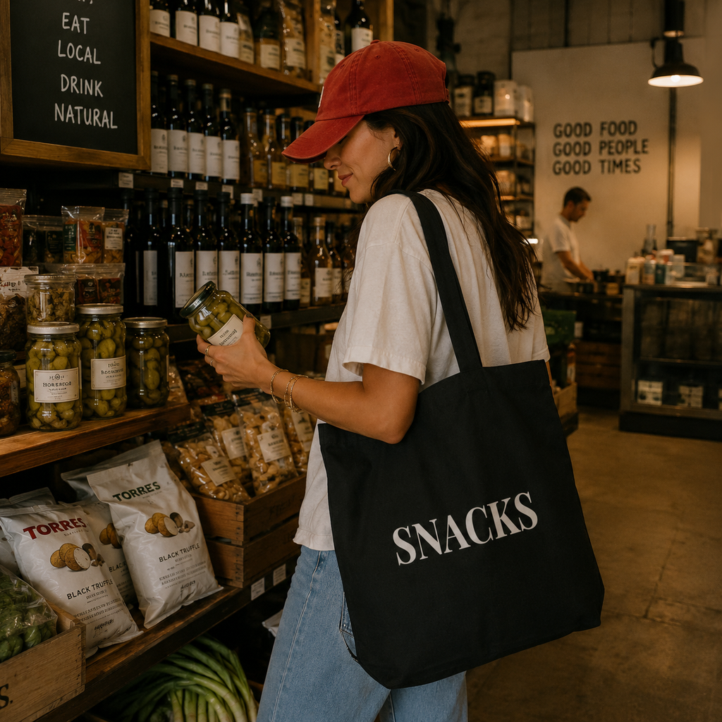 SNACKS Tote Bag - Black Cotton Grocery Market Tote