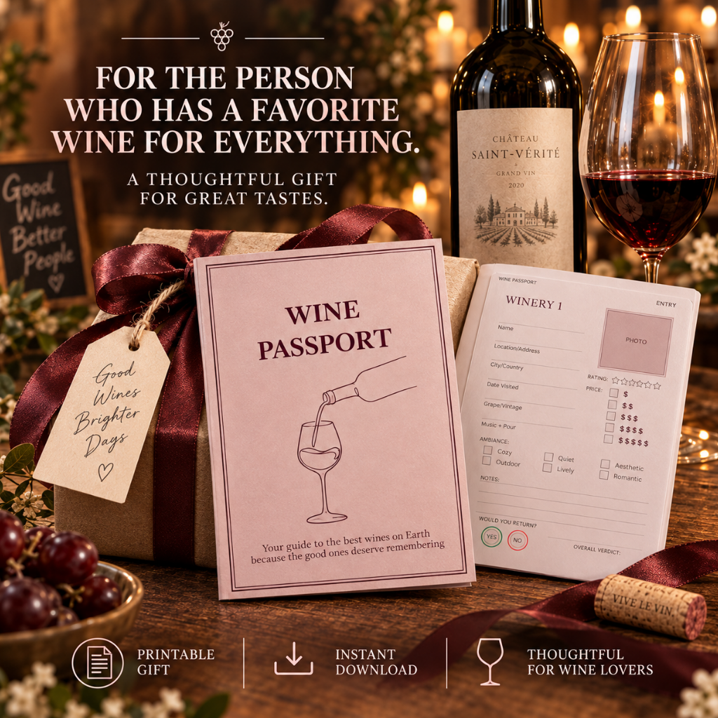 Wine Passport Tasting Journal, Winery Visit Tracker, Gift for Wine Lover (Digital Download)