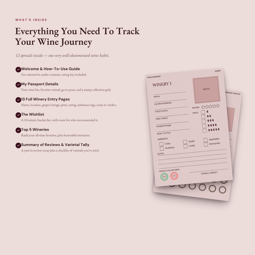 Wine Passport Tasting Journal, Winery Visit Tracker, Gift for Wine Lover (Digital Download)