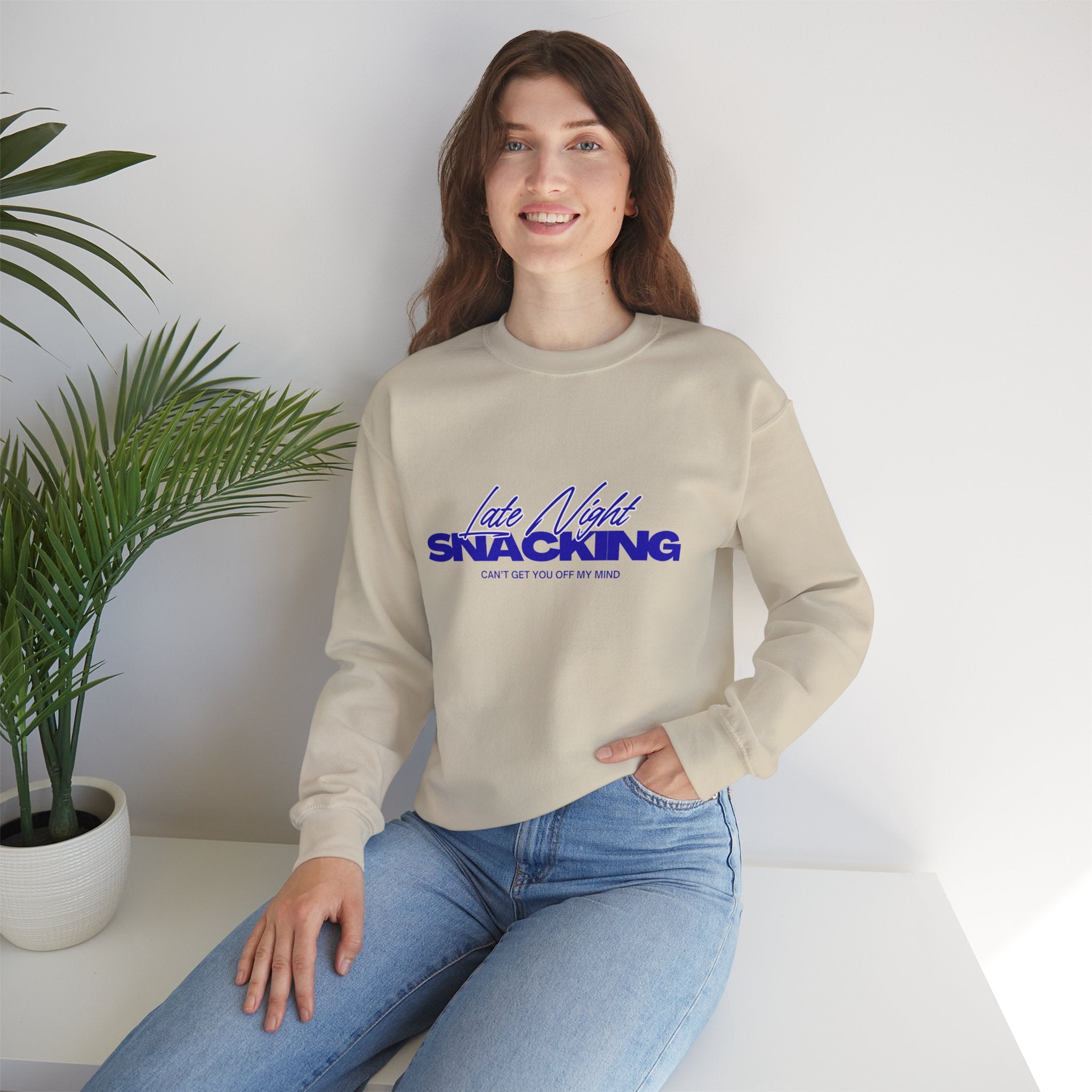 Late Night Snacking Retro Script Neon Blue Sweatshirt | Music Lyrics Snacks