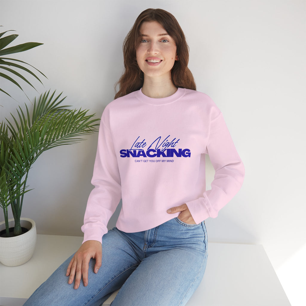 Late Night Snacking Retro Script Neon Blue Sweatshirt | Music Lyrics Snacks