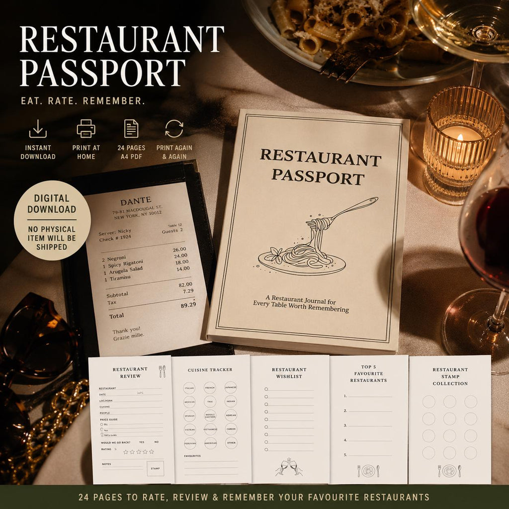 Restaurant Passport Printable, Foodie Travel Journal, Date Night Gift (Digital Download)