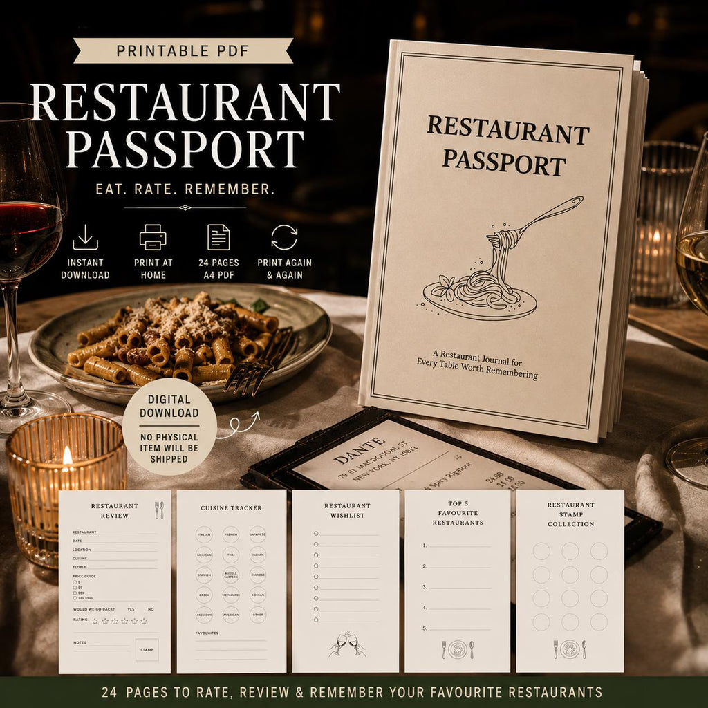Restaurant Passport Printable, Foodie Travel Journal, Date Night Gift (Digital Download)