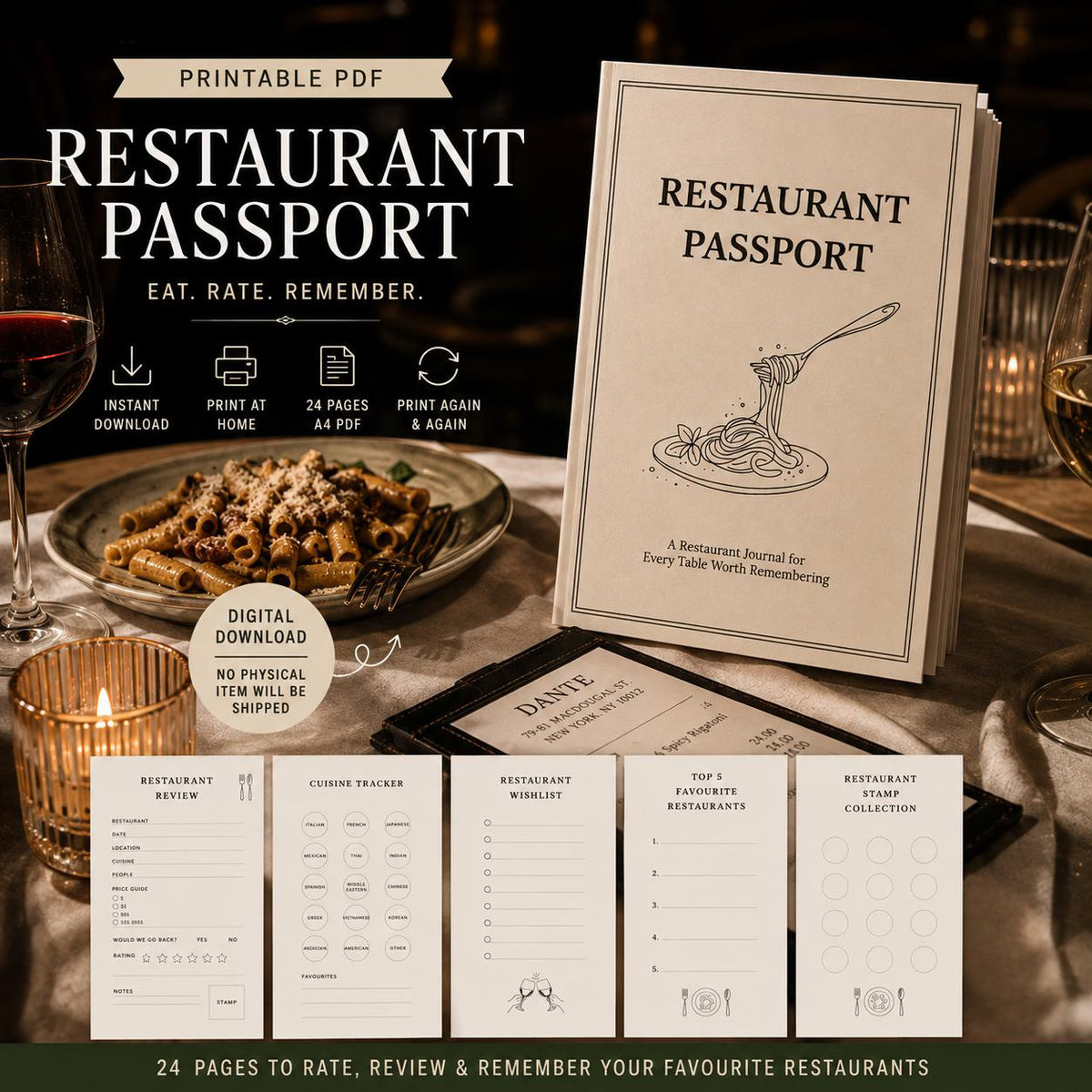 Restaurant Passport Printable, Foodie Travel Journal, Date Night Gift (Digital Download)